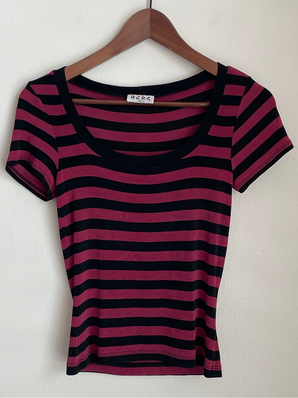 BCBG Striped Fitted Scoop Neck Baby Tee Short Sleeve Pink Black Indie Sleaze Y2K